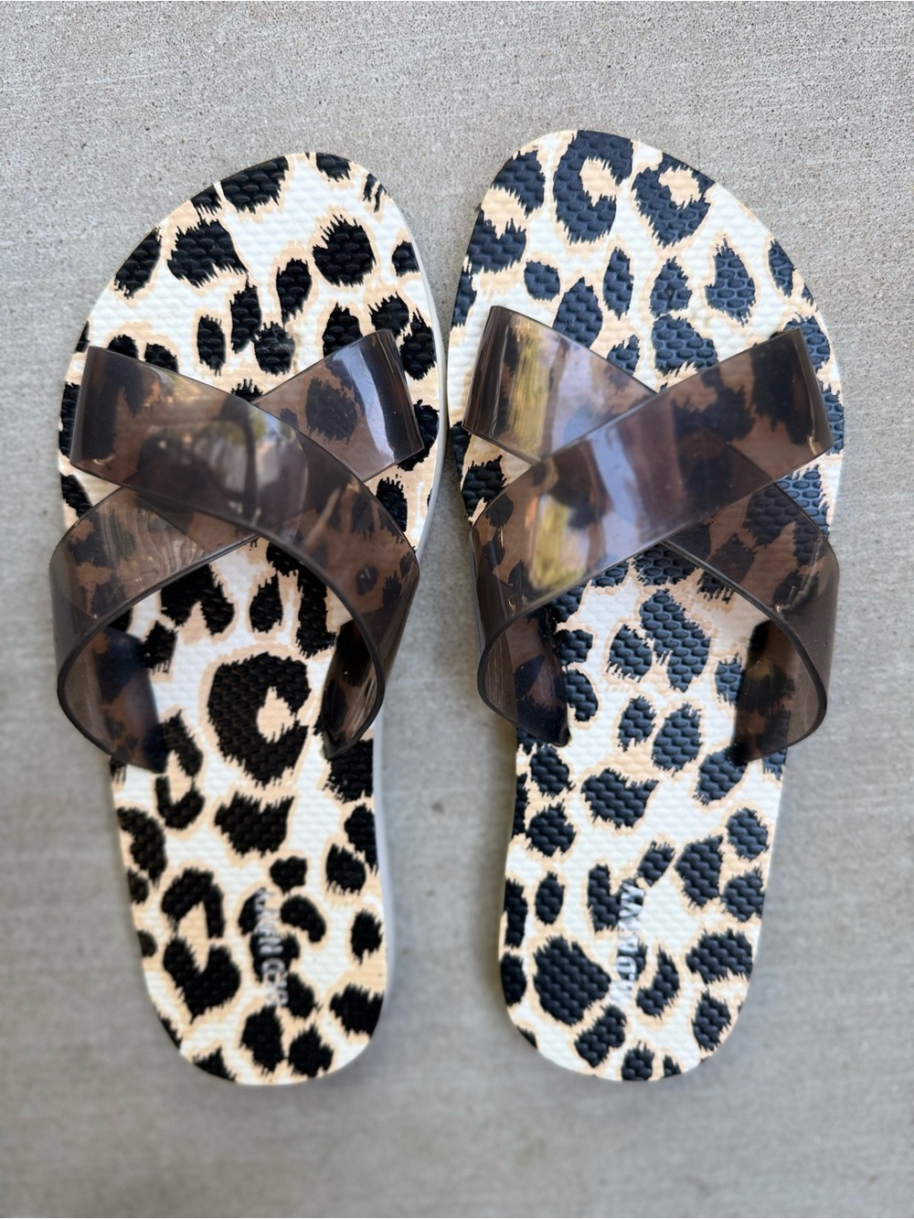 Old Navy Leopard Print Slide Sandals with Brown Translucent Crisscross Straps